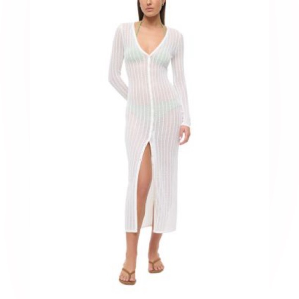 Good American White Pointelle Long Beach Cardigan
